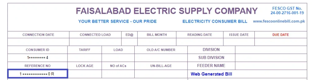 reference-number of fesco online bill fescoonlinebill.com.pk
